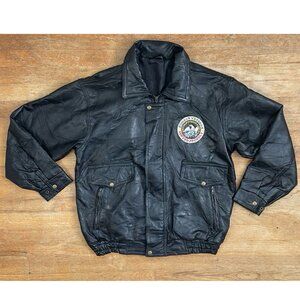 Vintage Mens Korean War Veteran Leather Jacket Size Medium 1990s Black Patchwork